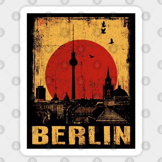Berlin Skyline Under Red Sun – Retro Travel Art Sticker by TuncGK